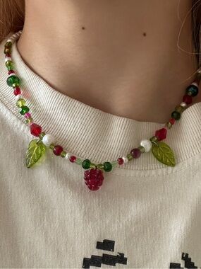 Raspberry fruit necklace with leaf charms and pearl beads